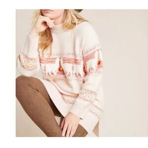 Anthropologie Aimee Alpaca Angora Pompom Blush Pink Peach Mock Neck Sweater Sz S